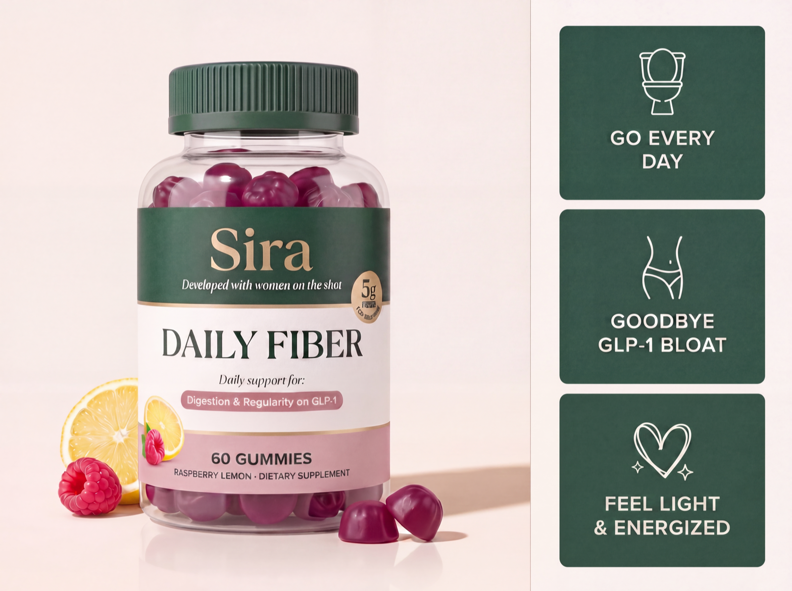 Sira Daily Fiber gummies bottle with raspberry-lemon gummies